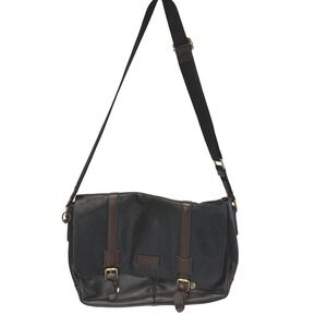 Fossil Messenger Bag Mens Large Black Brown Leather Satchel Buckle Crossbody